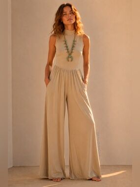 Free People Beach Dream Neutral Open Back One Piece Wide Leg Jumpsuit